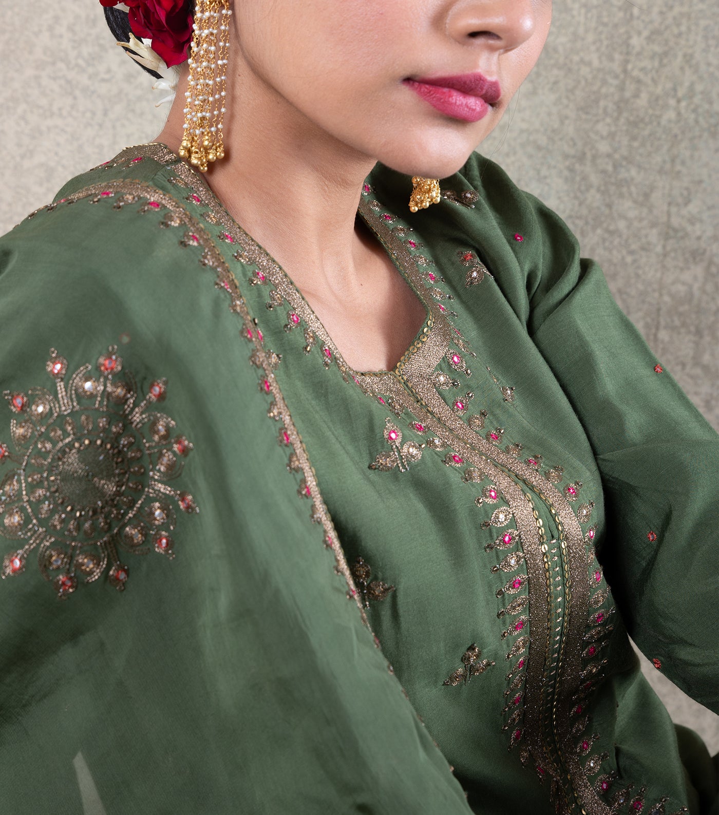 Olive Green Hand Embroidered Suit Set