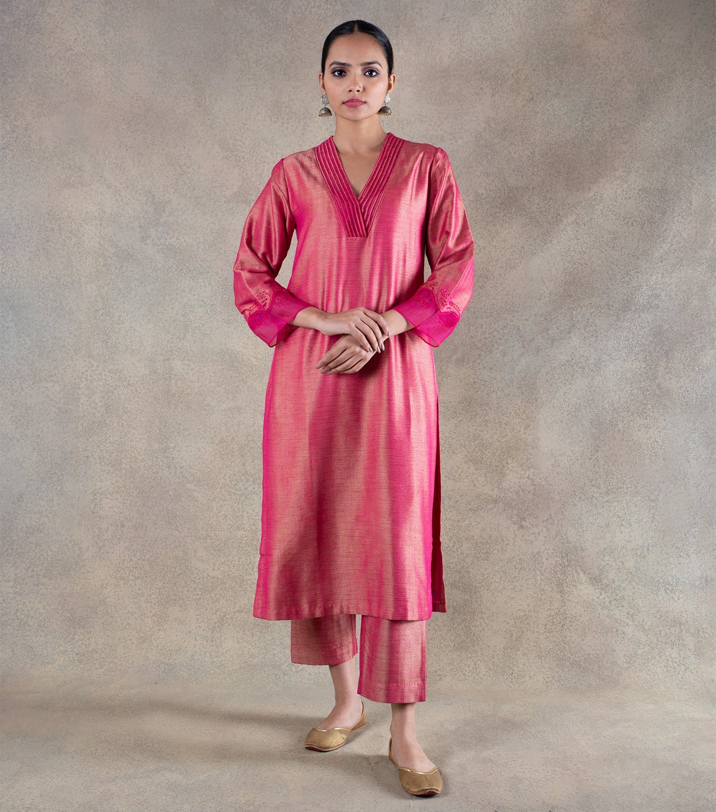 Pink Brocade Kurta with Pants and Chanderi Dupatta - Set of 3