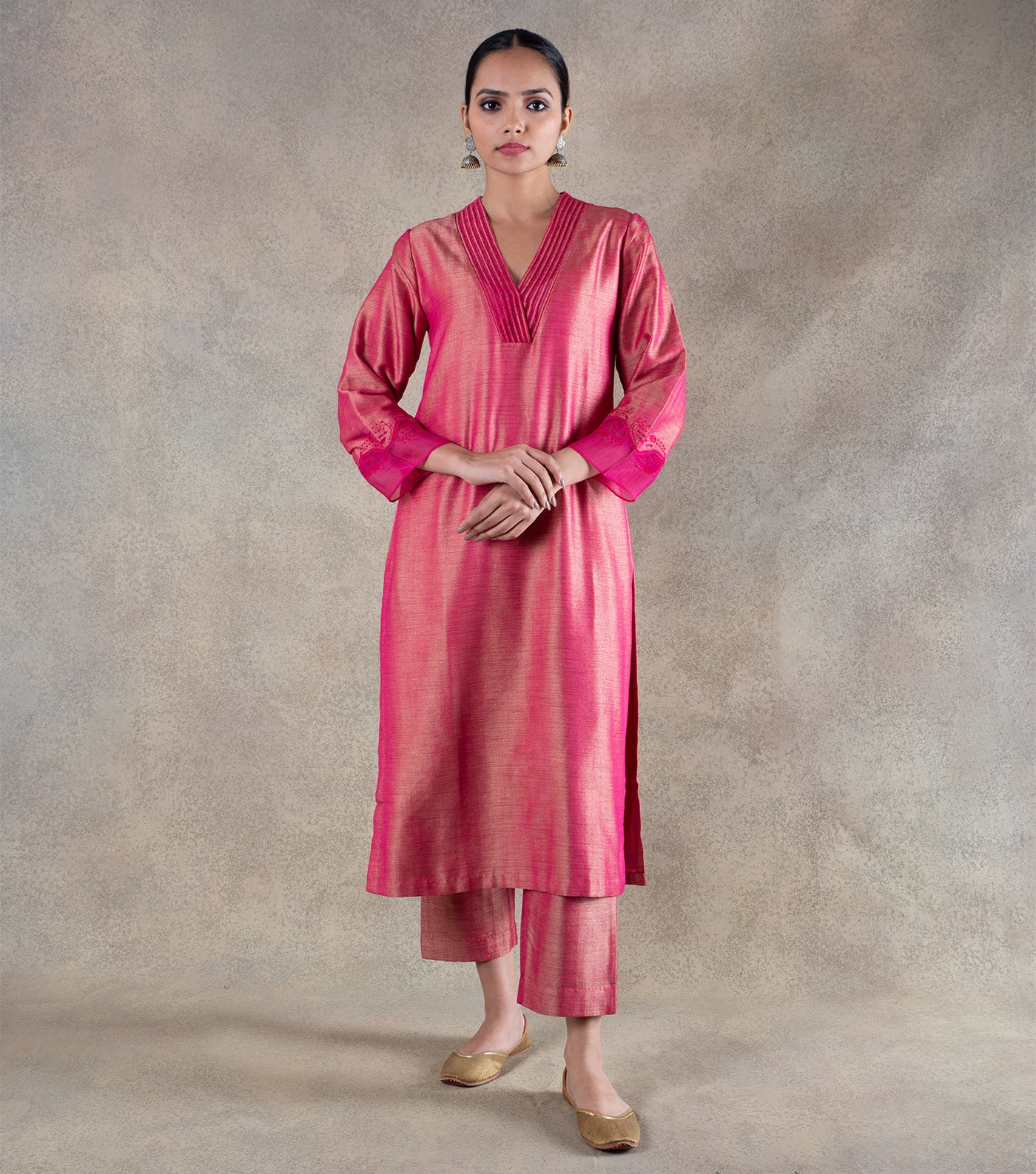 Pink Brocade Kurta with Pants and Chanderi Dupatta Set