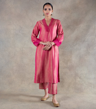 Pink Brocade Kurta with Pants and Chanderi Dupatta - Set of 3