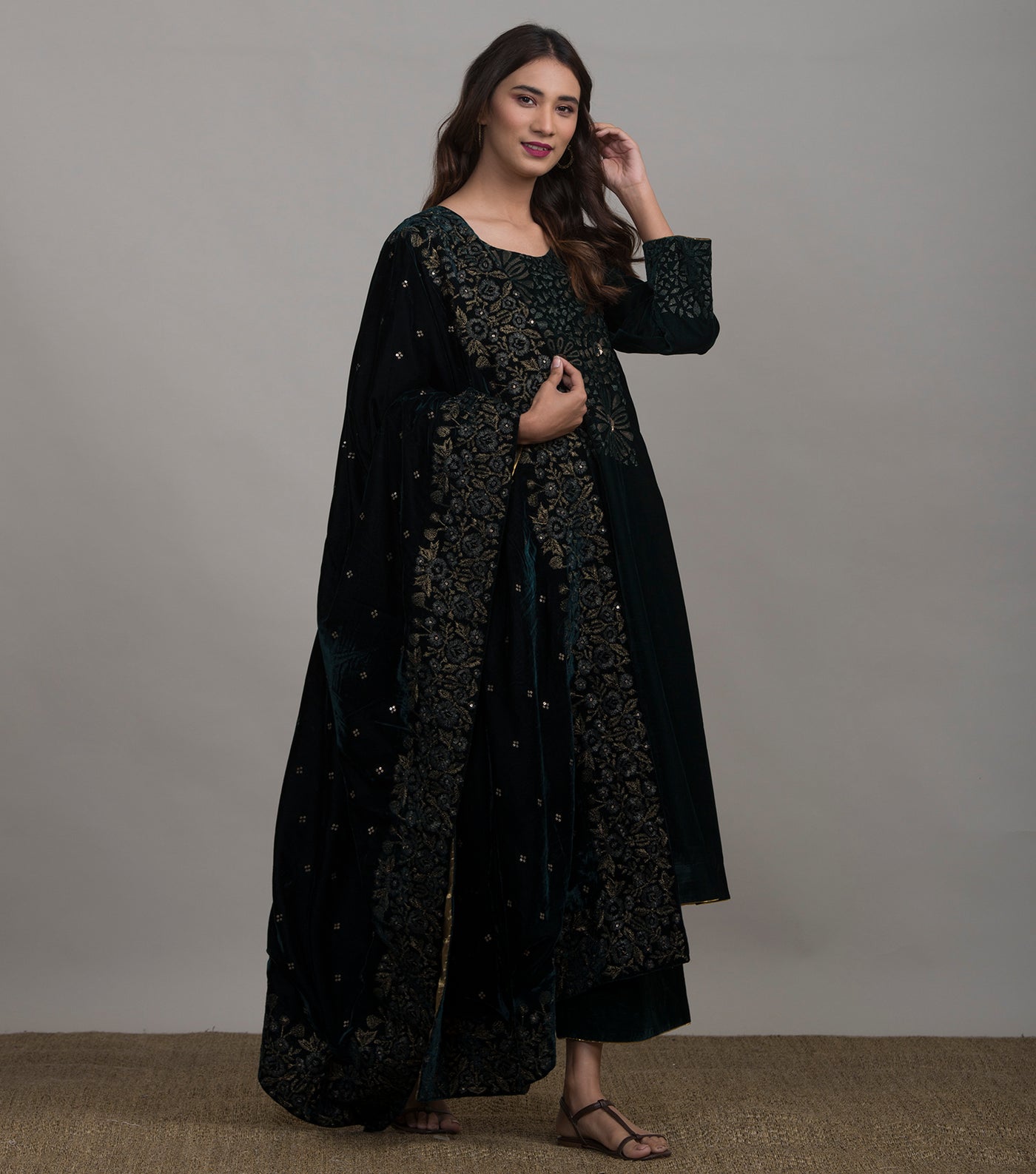 Green embroidered velvet kurta set