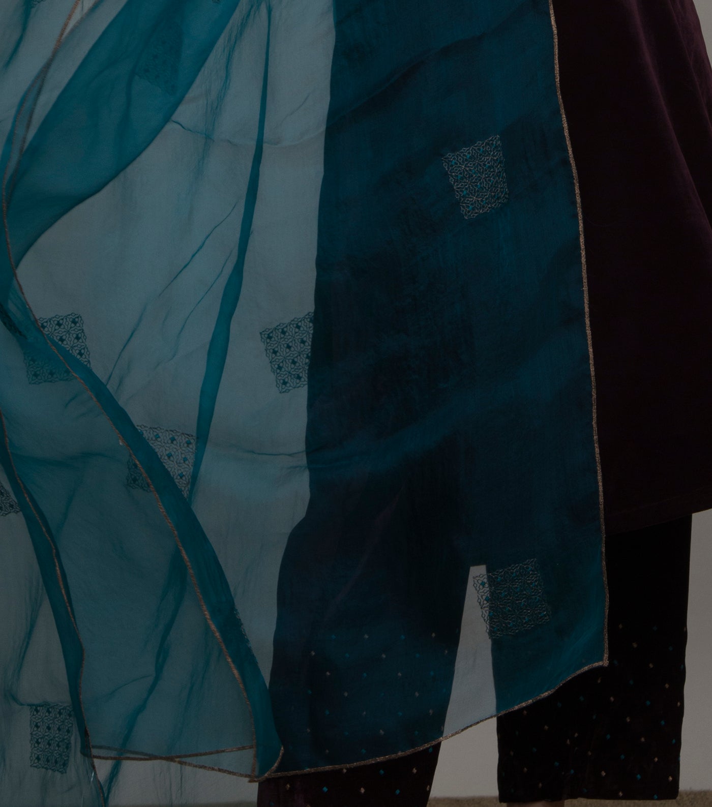 Teal/Peacock Blue Organza Dupatta with Multi-Color Mirror Work Border main image 0
