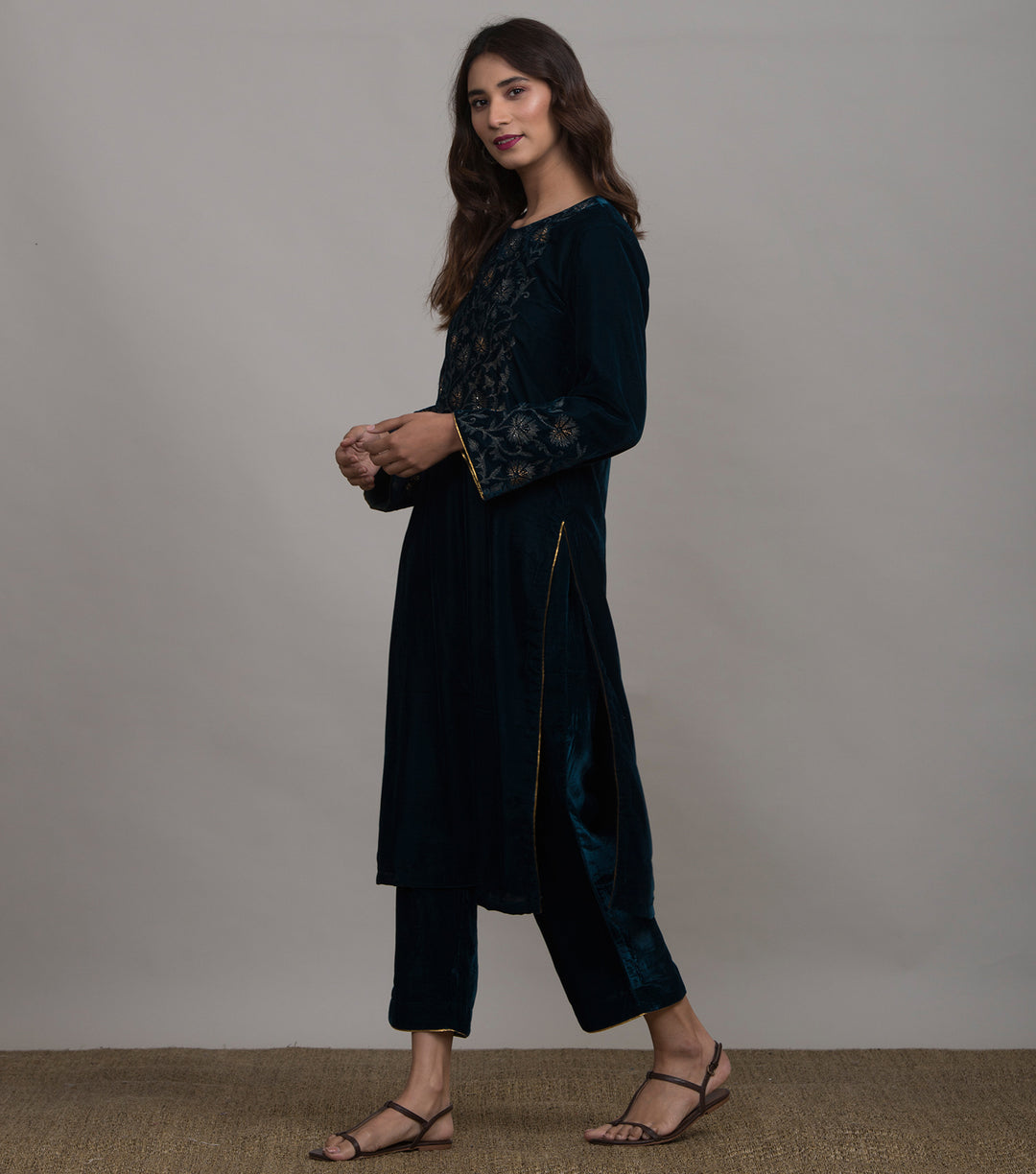 Midnight Blue Embroidered Velvet Kurta & Pants Set