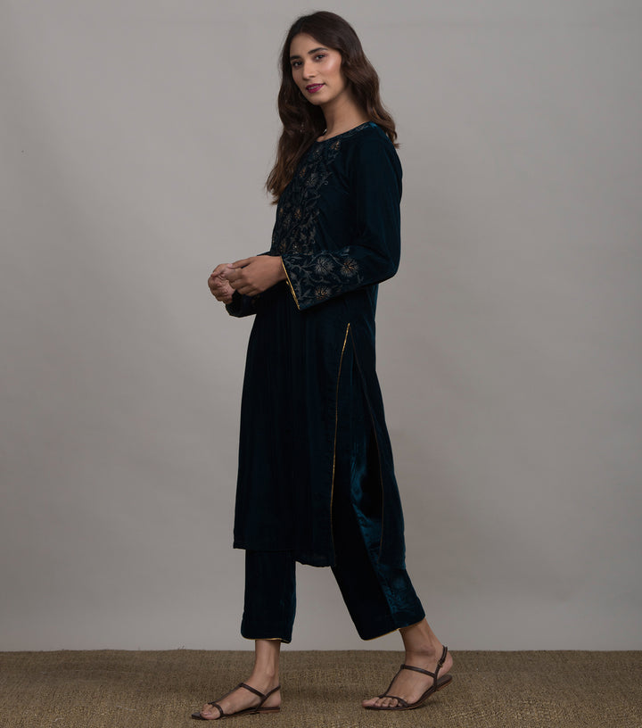 Midnight Blue Embroidered Velvet Kurta & Pants Set