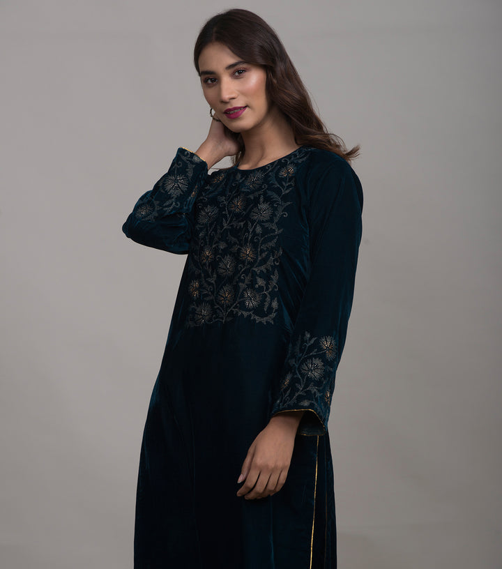 Midnight Blue Embroidered Velvet Kurta & Pants Set