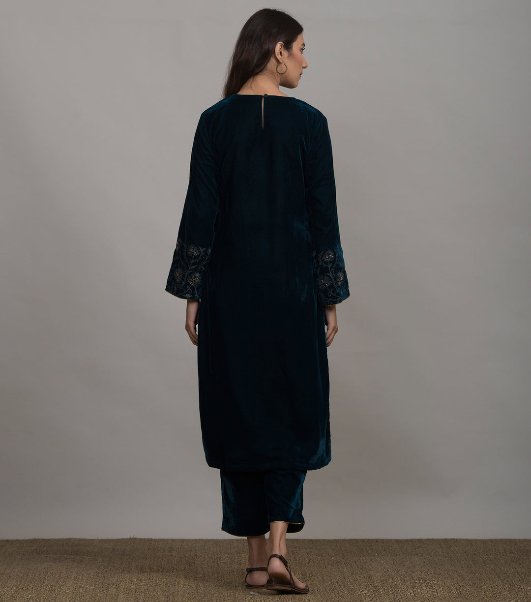 Midnight Blue Embroidered Velvet Kurta & Pants Set
