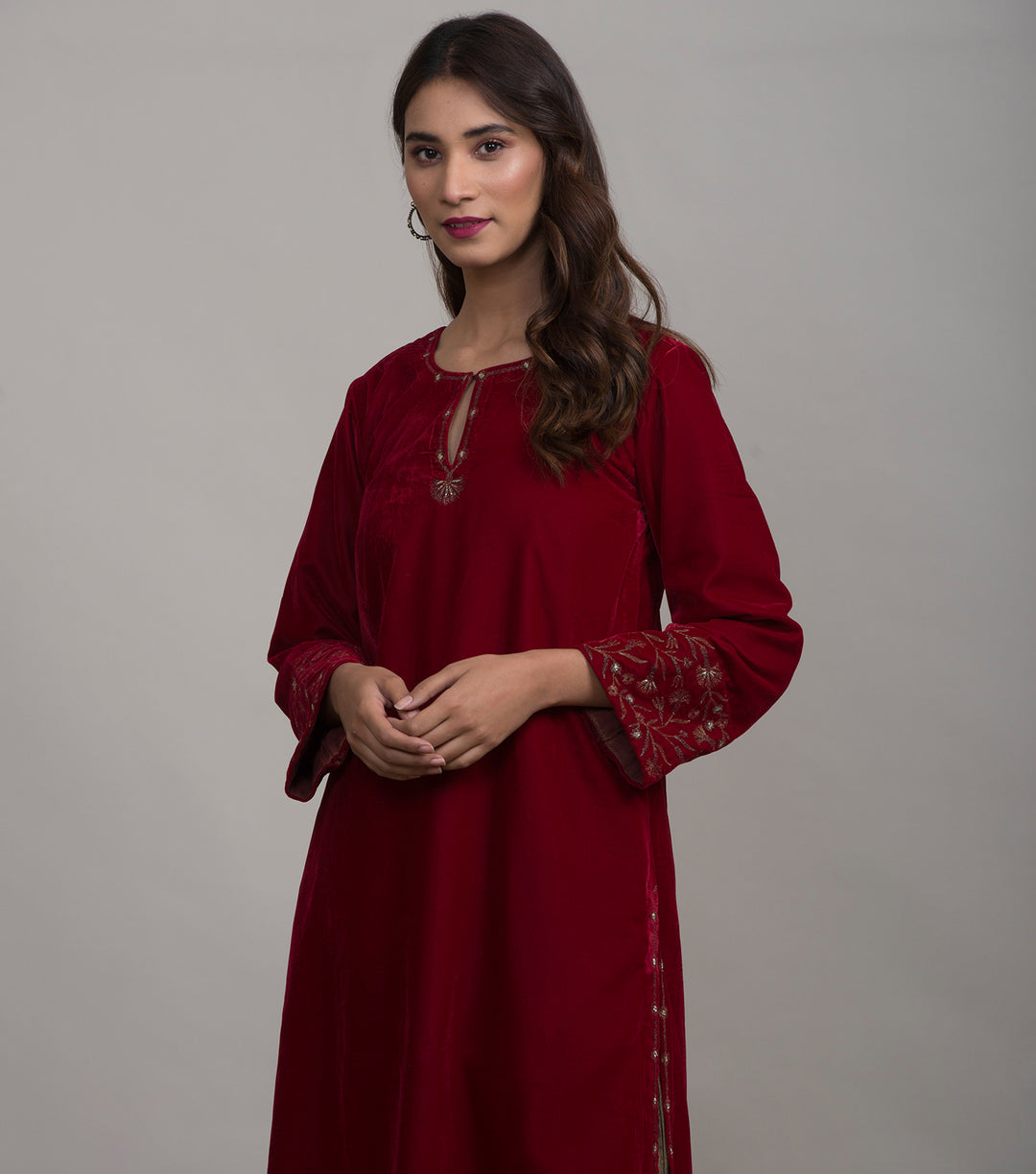 Red floral embroidered velvet kurta