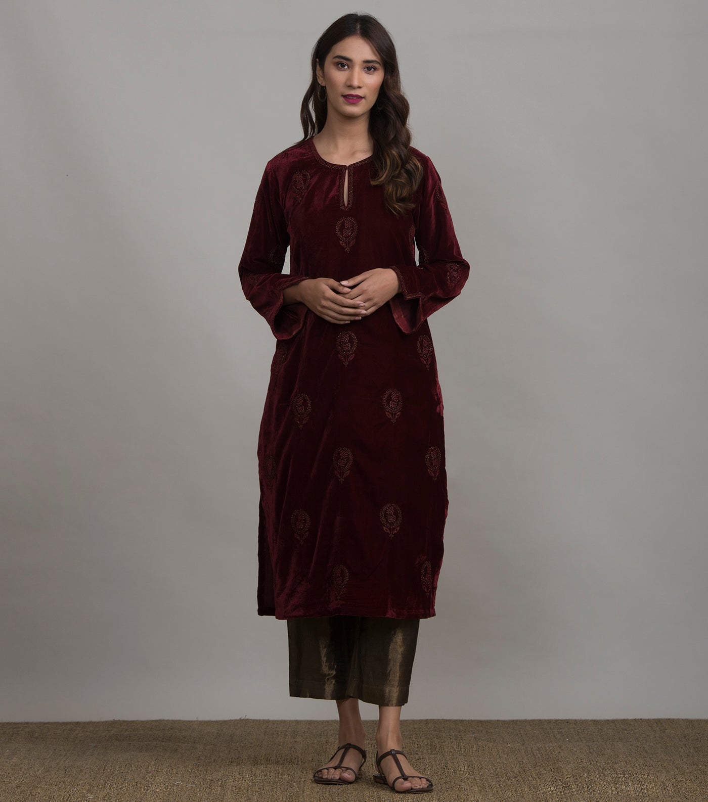 Maroon floral embroidered velvet kurta