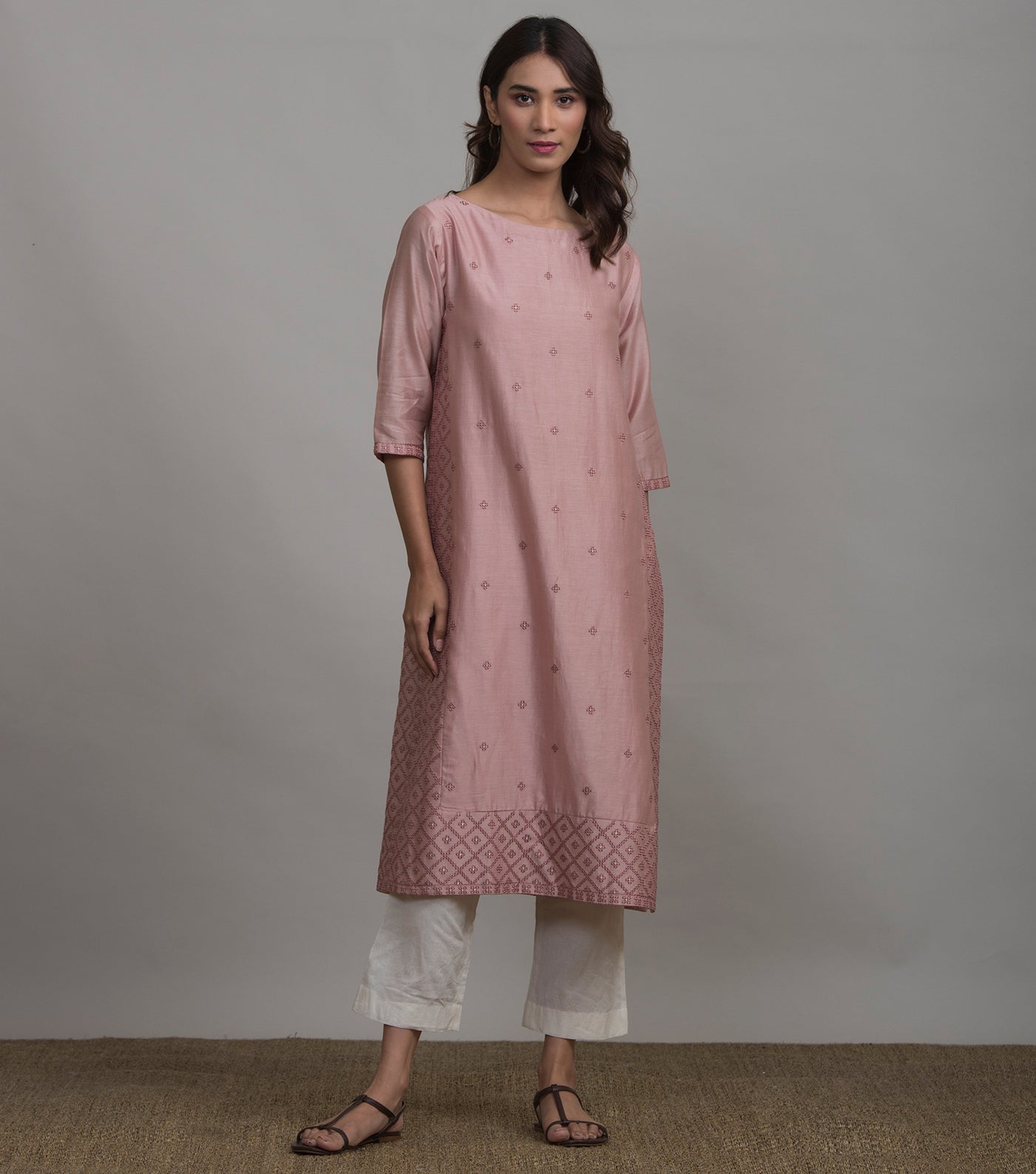 Pink embroidered chanderi kurta