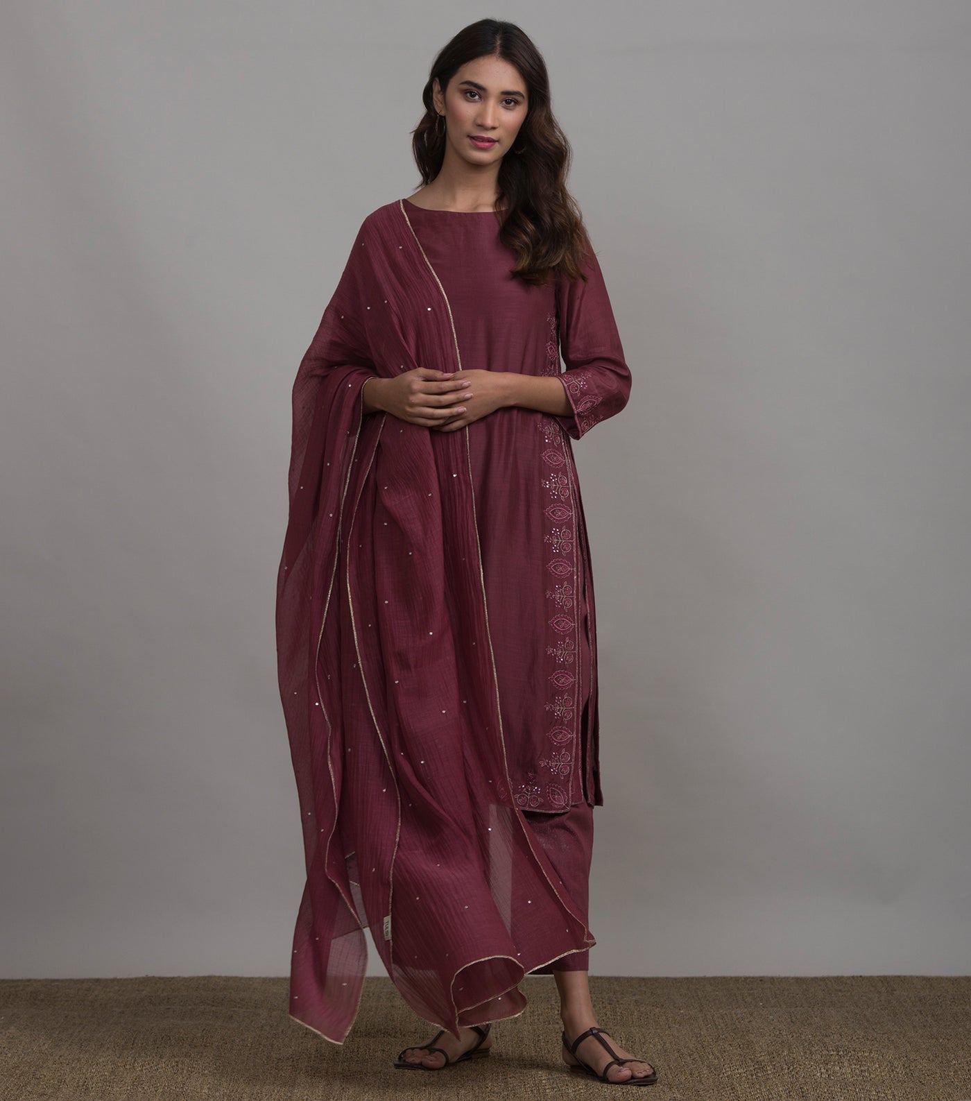 Wine Embroidered Cotton Silk Kurta & Cotton Palazzo Set