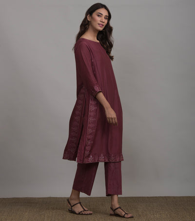 Wine Embroidered Cotton Silk Kurta & Cotton Palazzo Set