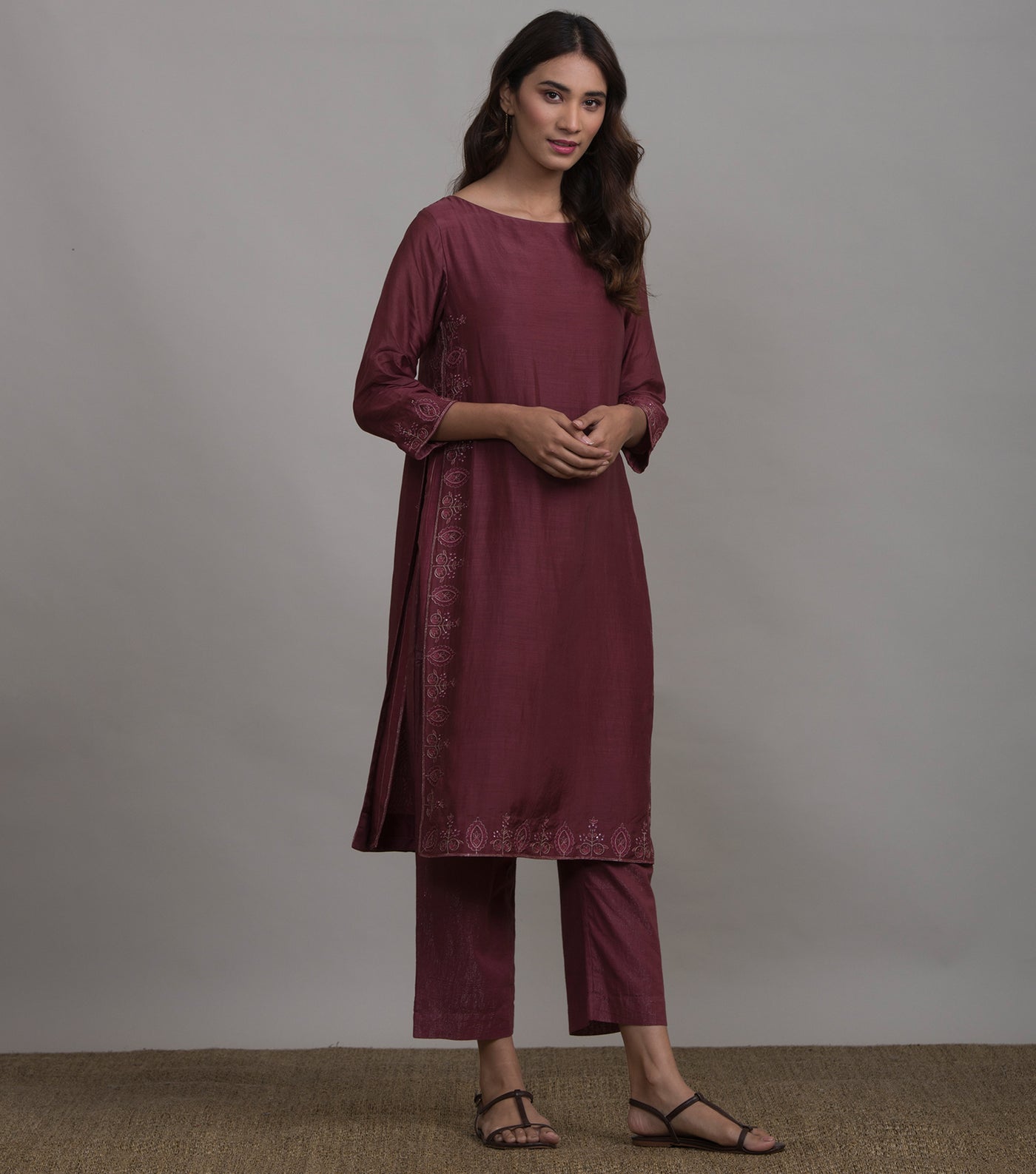 Wine Embroidered Cotton Silk Kurta & Cotton Palazzo Set