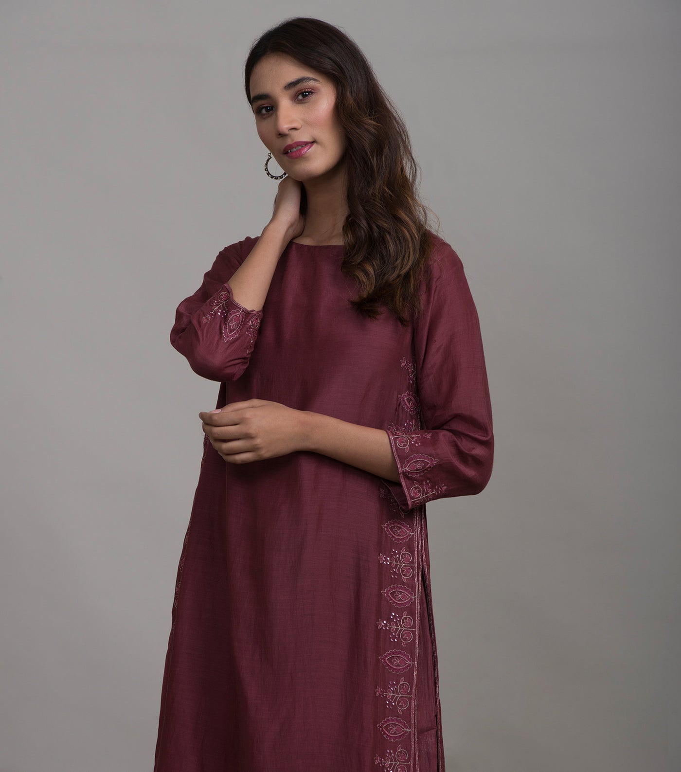 Wine Embroidered Cotton Silk Kurta & Cotton Palazzo Set