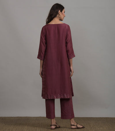 Wine Embroidered Cotton Silk Kurta & Cotton Palazzo Set