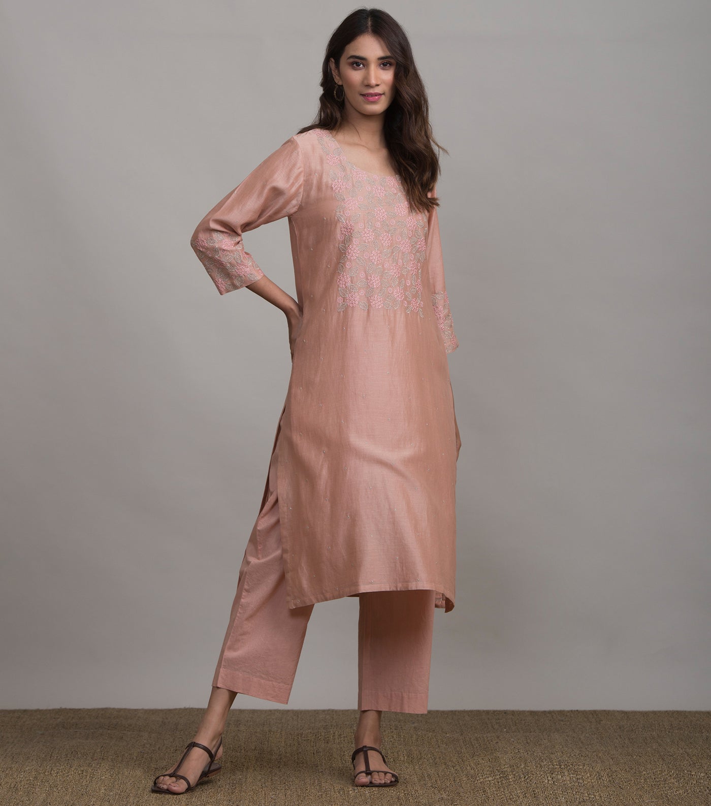Peach Embroidered Suit Set