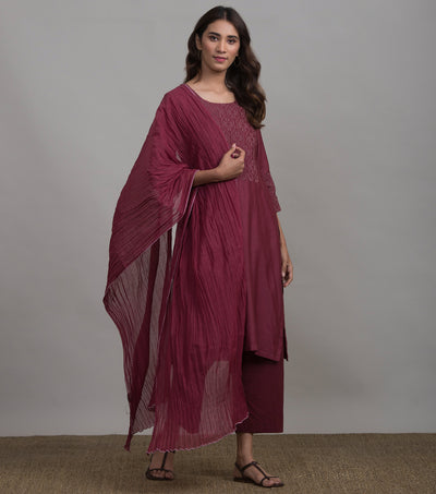 Wine Applique Chanderi Suit Set