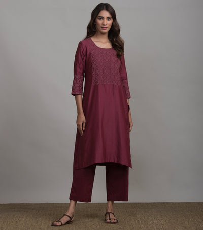 Wine Applique Chanderi Suit Set