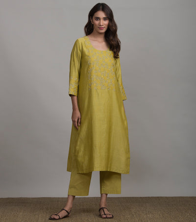 Greenish-Yellow Embroidered Chanderi Suit Set