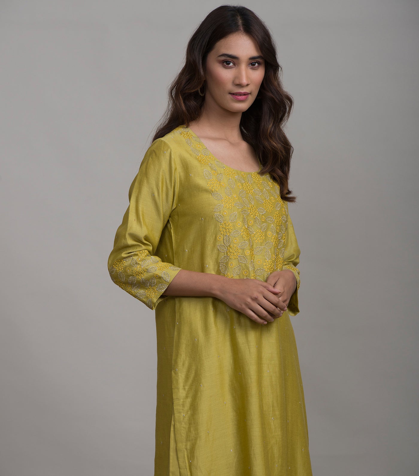 Greenish-Yellow Embroidered Chanderi Suit Set