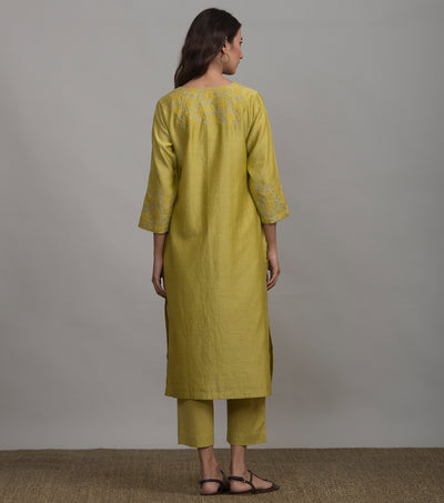 Greenish-Yellow Embroidered Chanderi Suit Set