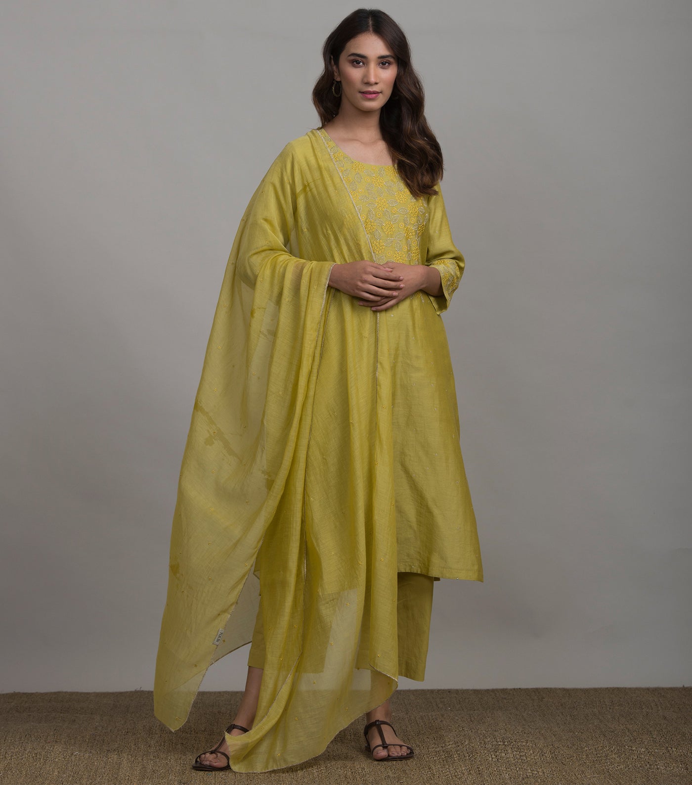 Greenish-Yellow Embroidered Chanderi Suit Set