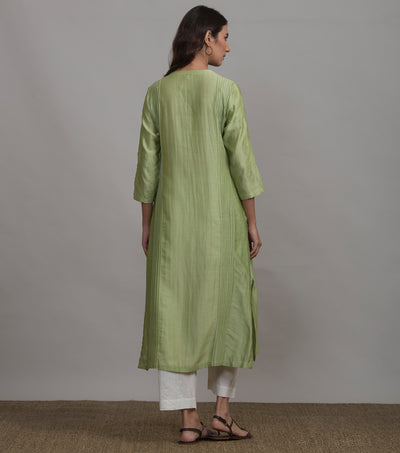 Light Green Applique Cotton Silk Kurta & White Pants Set