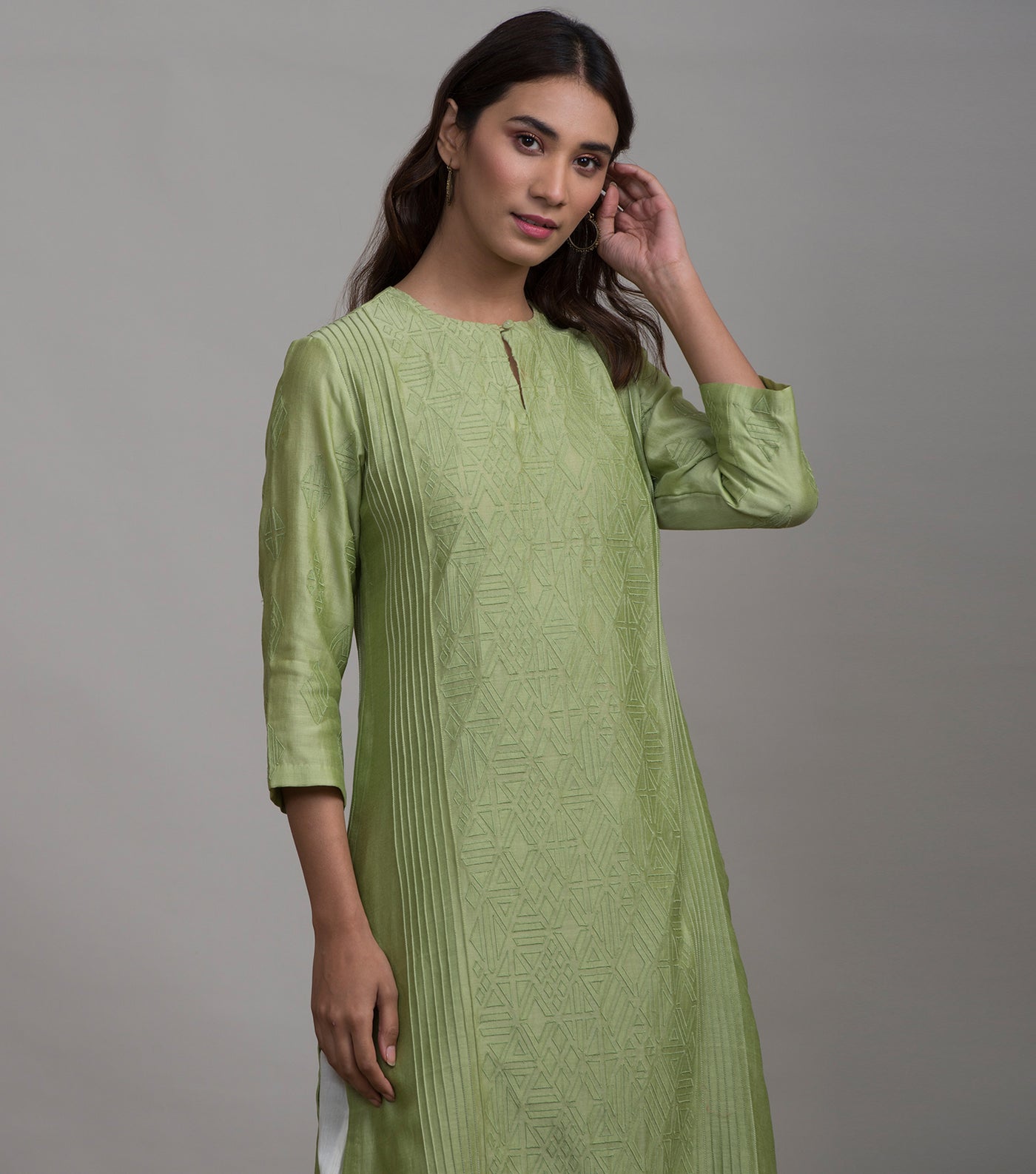 Light Green Applique Cotton Silk Kurta & White Pants Set