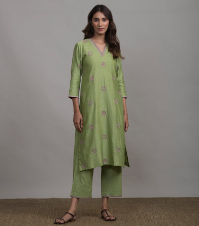 Light Green Chanderi Kurta & Cotton Palazzo Set