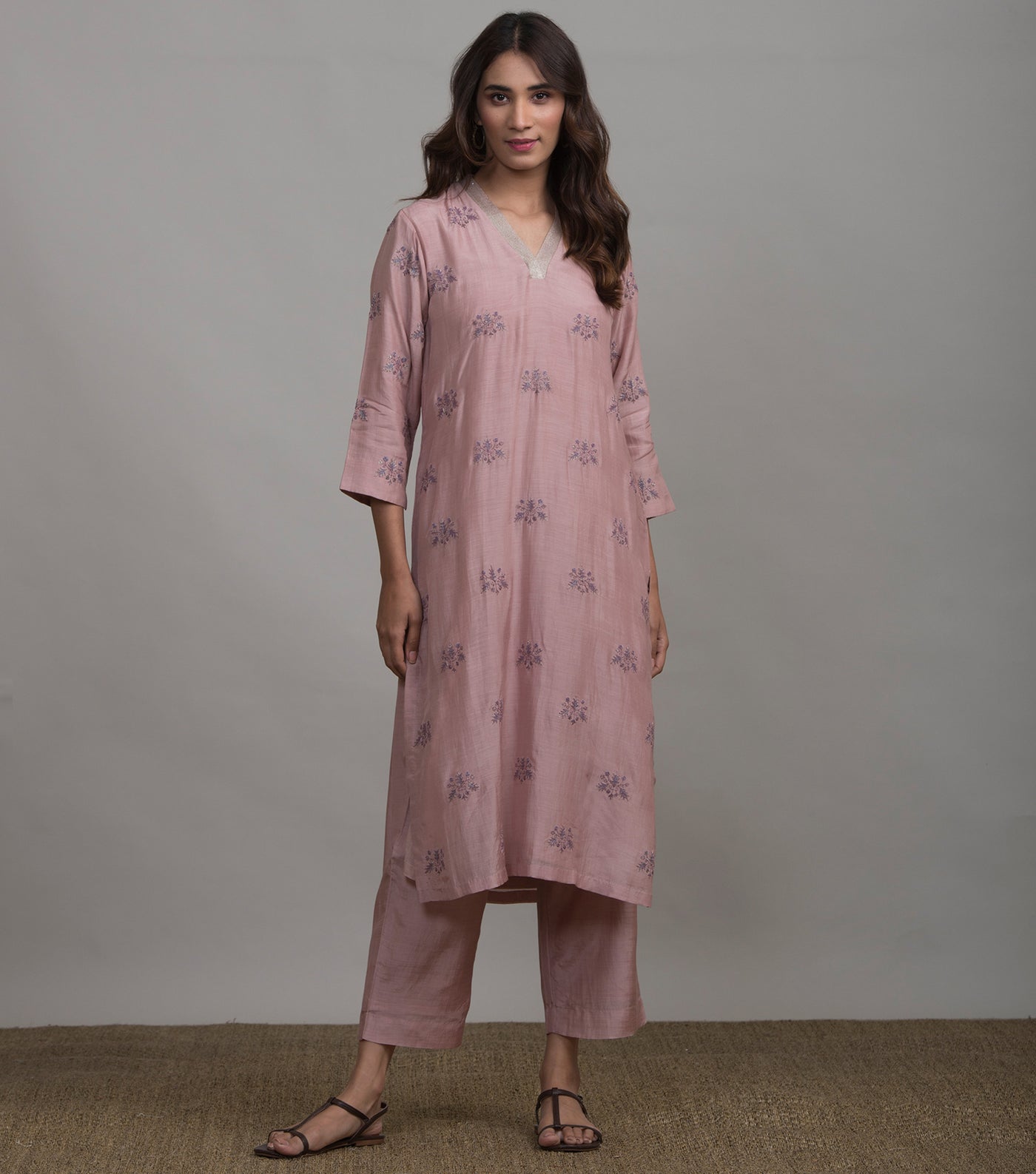 Onion Pink Embroidered Cotton Silk Kurta & Cotton Palazzo Set