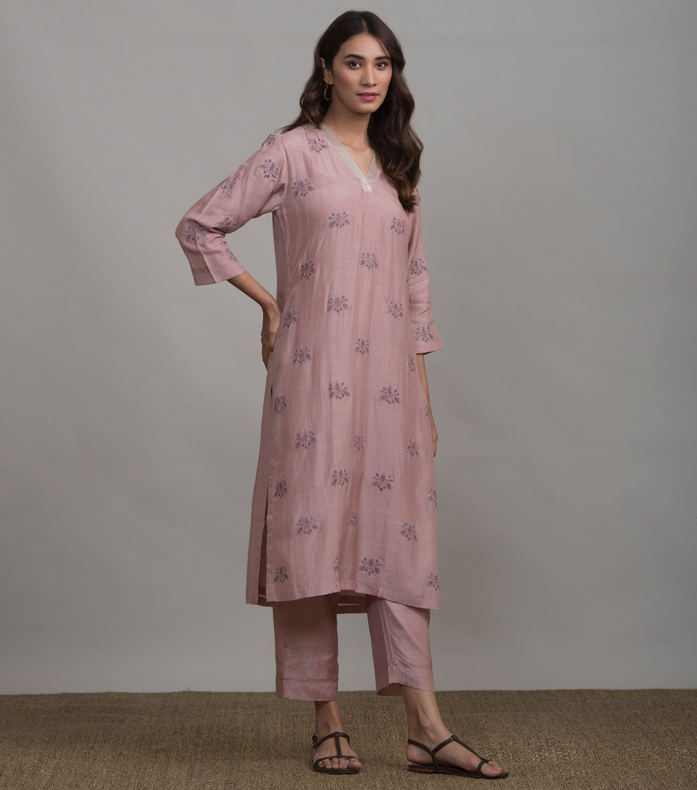 Onion Pink Embroidered Cotton Silk Kurta & Cotton Palazzo Set