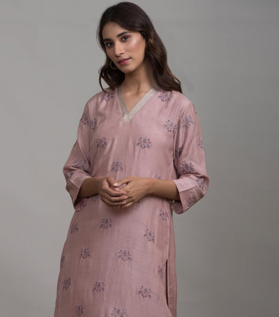 Onion Pink Embroidered Cotton Silk Kurta & Cotton Palazzo Set