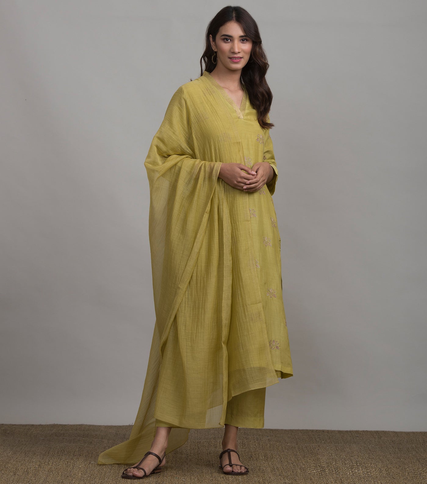 Greenish-Yellow embroidered silk kurta & Pants set