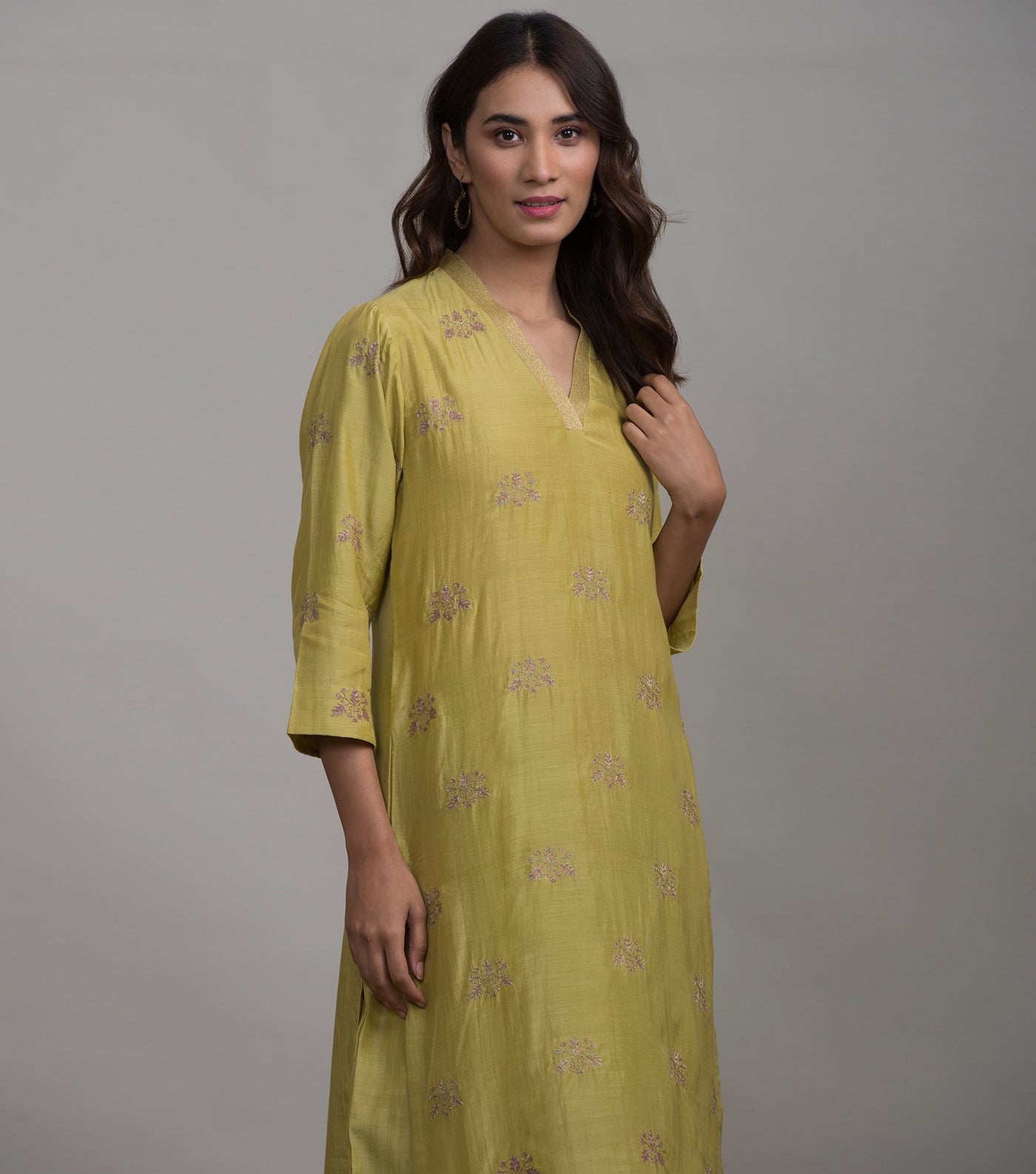 Greenish-Yellow embroidered silk kurta & Pants set