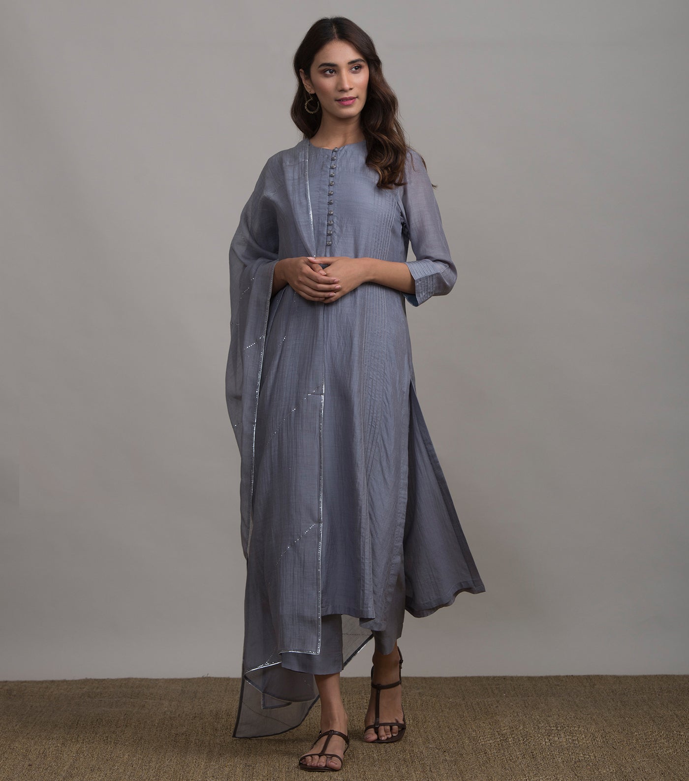 Greyish-Blue Silk Kurta & Cotton Pants Set