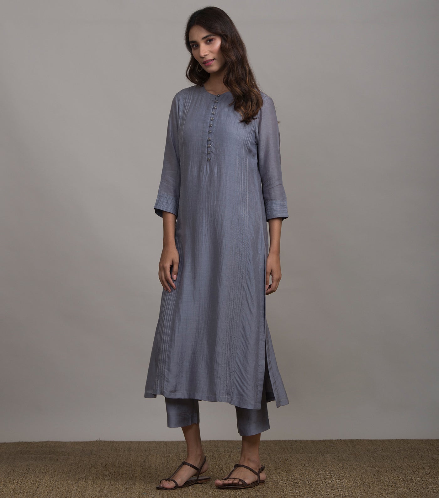 Greyish-Blue Silk Kurta & Cotton Pants Set