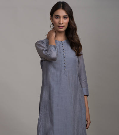 Greyish-Blue Silk Kurta & Cotton Pants Set