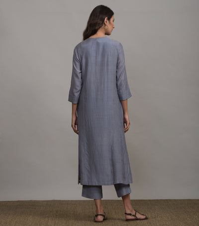 Greyish-Blue Silk Kurta & Cotton Pants Set