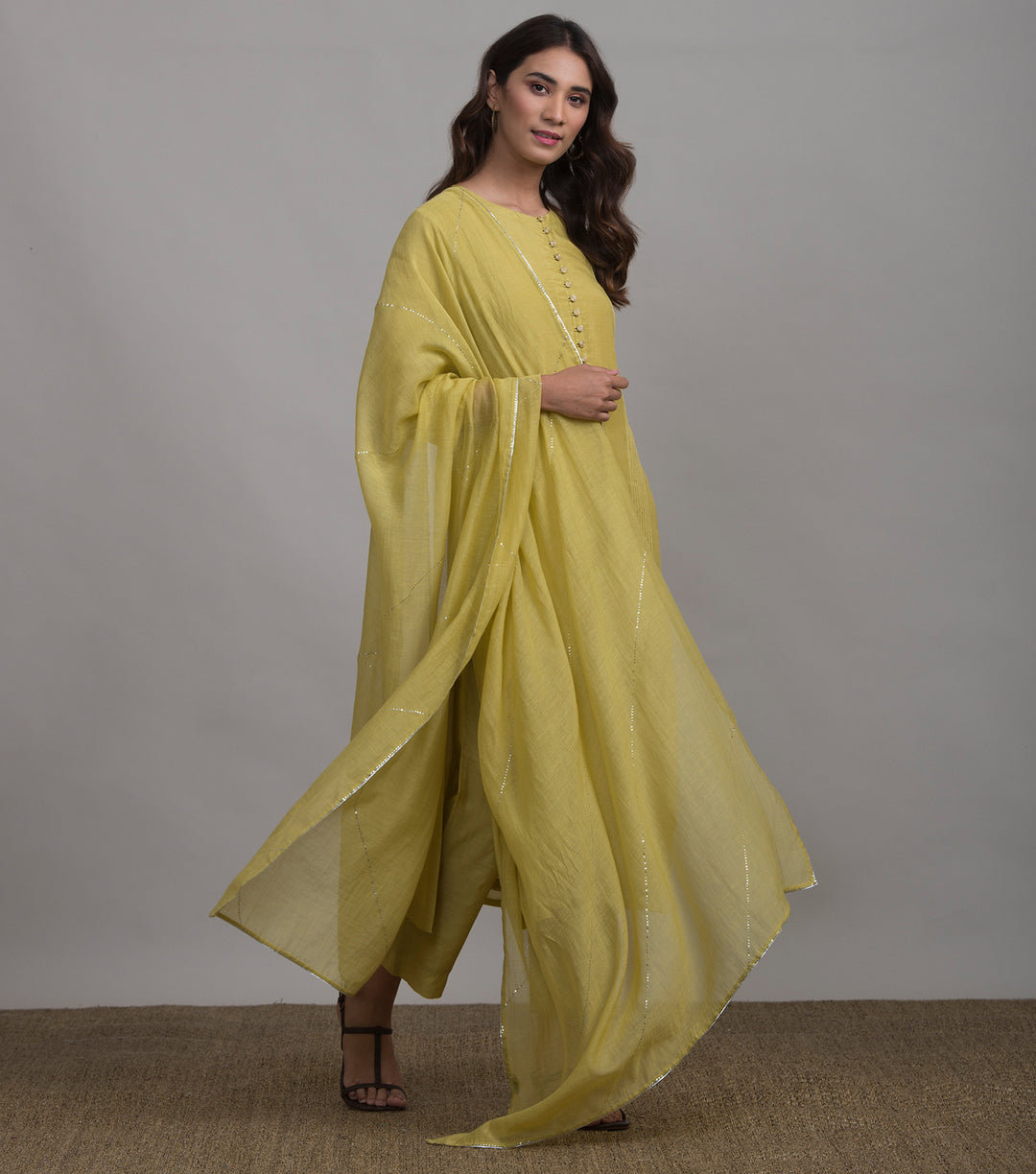 Greenish-yellow Pintuck Silk kurta & Cotton Pants Set