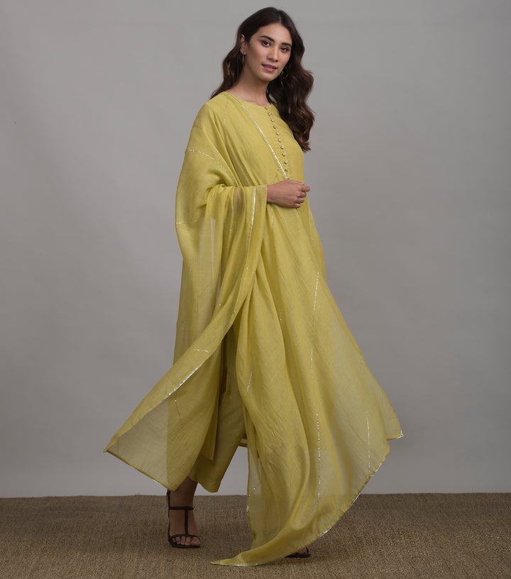 Greenish-yellow Pintuck Silk kurta & Cotton Pants Set