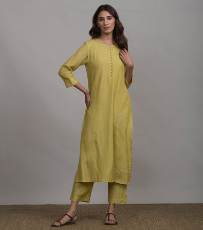 Greenish-yellow Pintuck Silk kurta & Cotton Pants Set