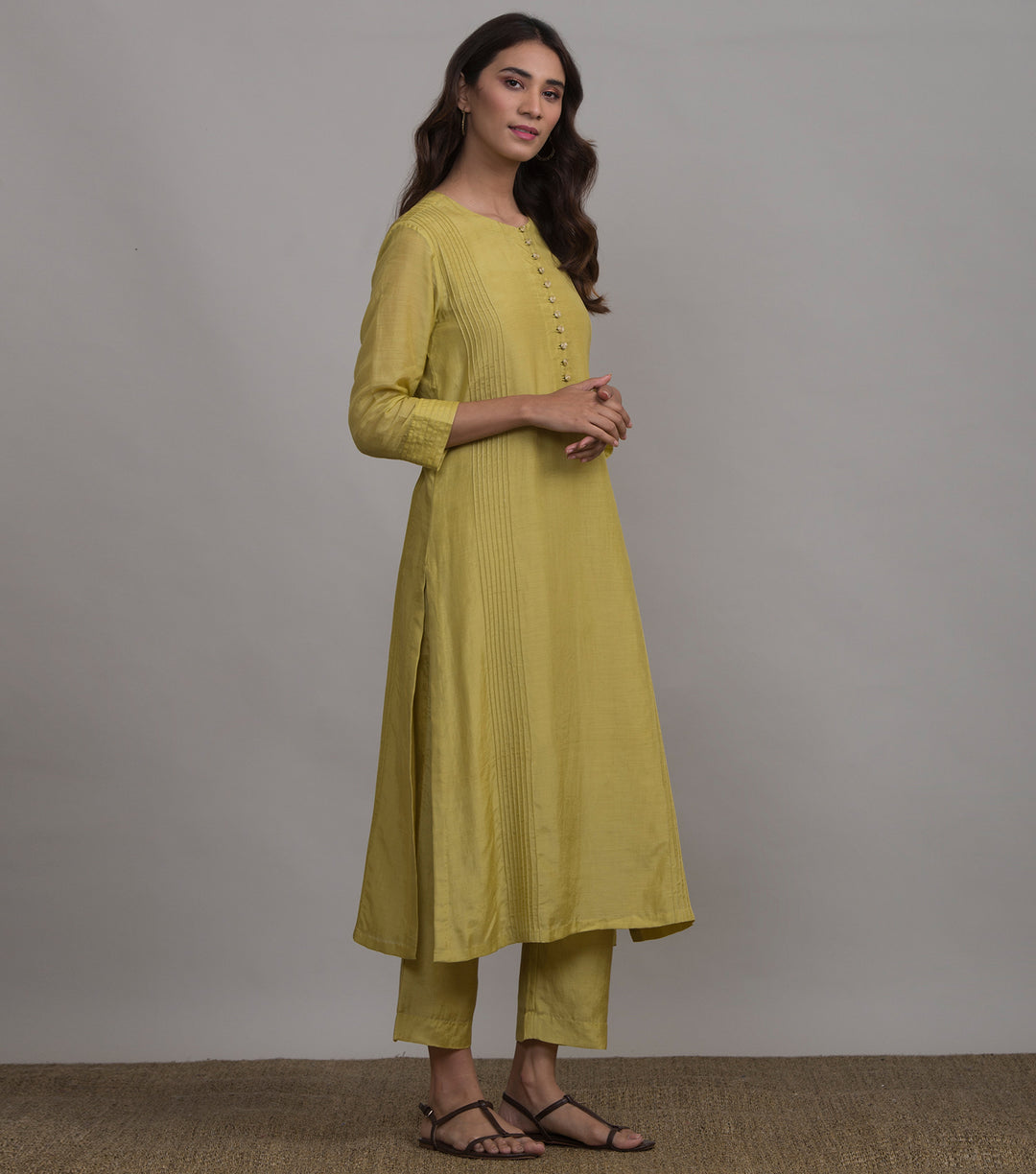 Greenish-yellow Pintuck Silk kurta & Cotton Pants Set