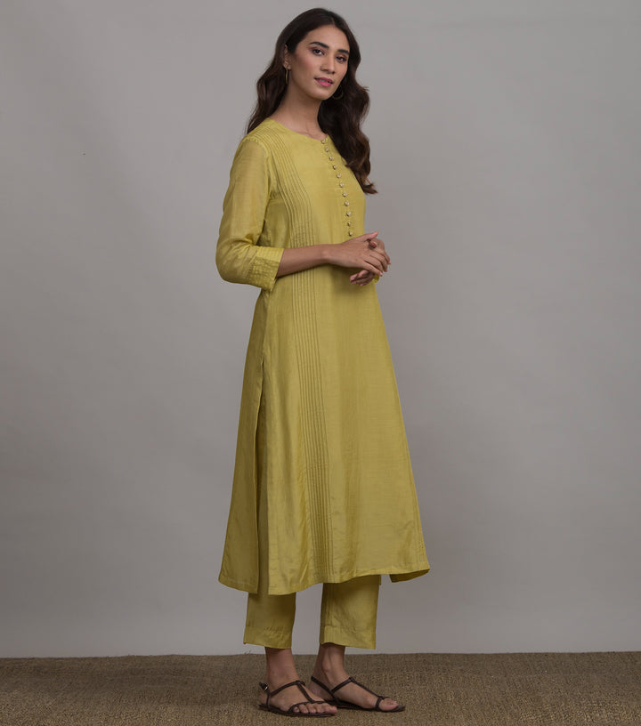 Greenish-yellow Pintuck Silk kurta & Cotton Pants Set