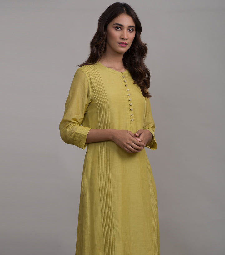 Greenish-yellow Pintuck Silk kurta & Cotton Pants Set