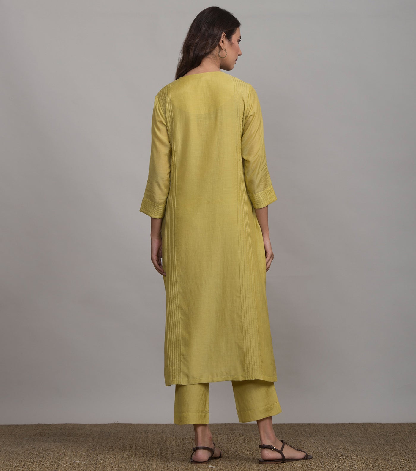 Greenish-yellow Pintuck Silk kurta & Cotton Pants Set