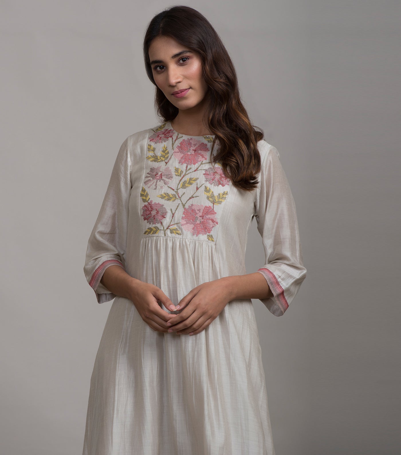 Ivory embroidered silk dress