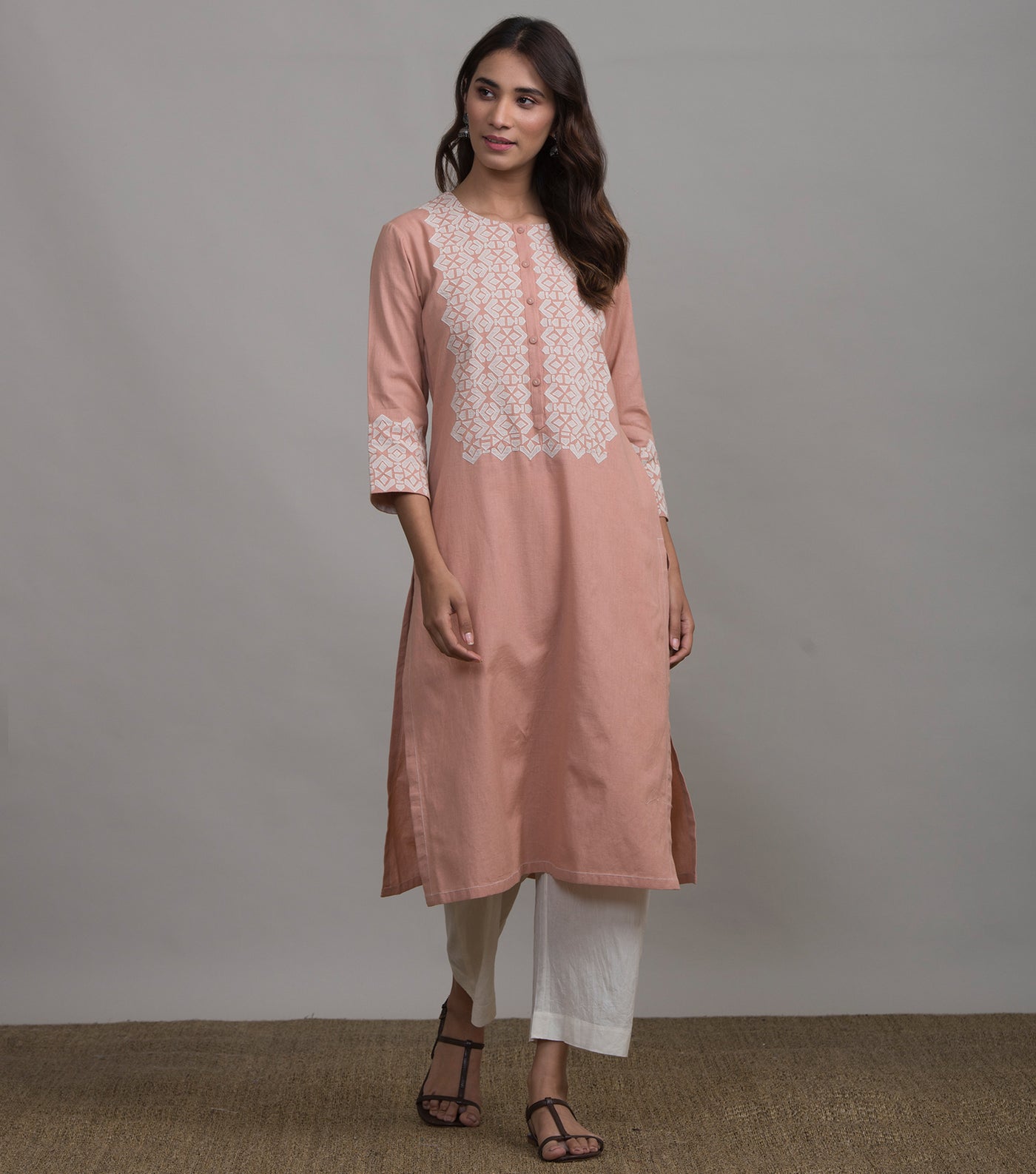 Peach applique work kurta