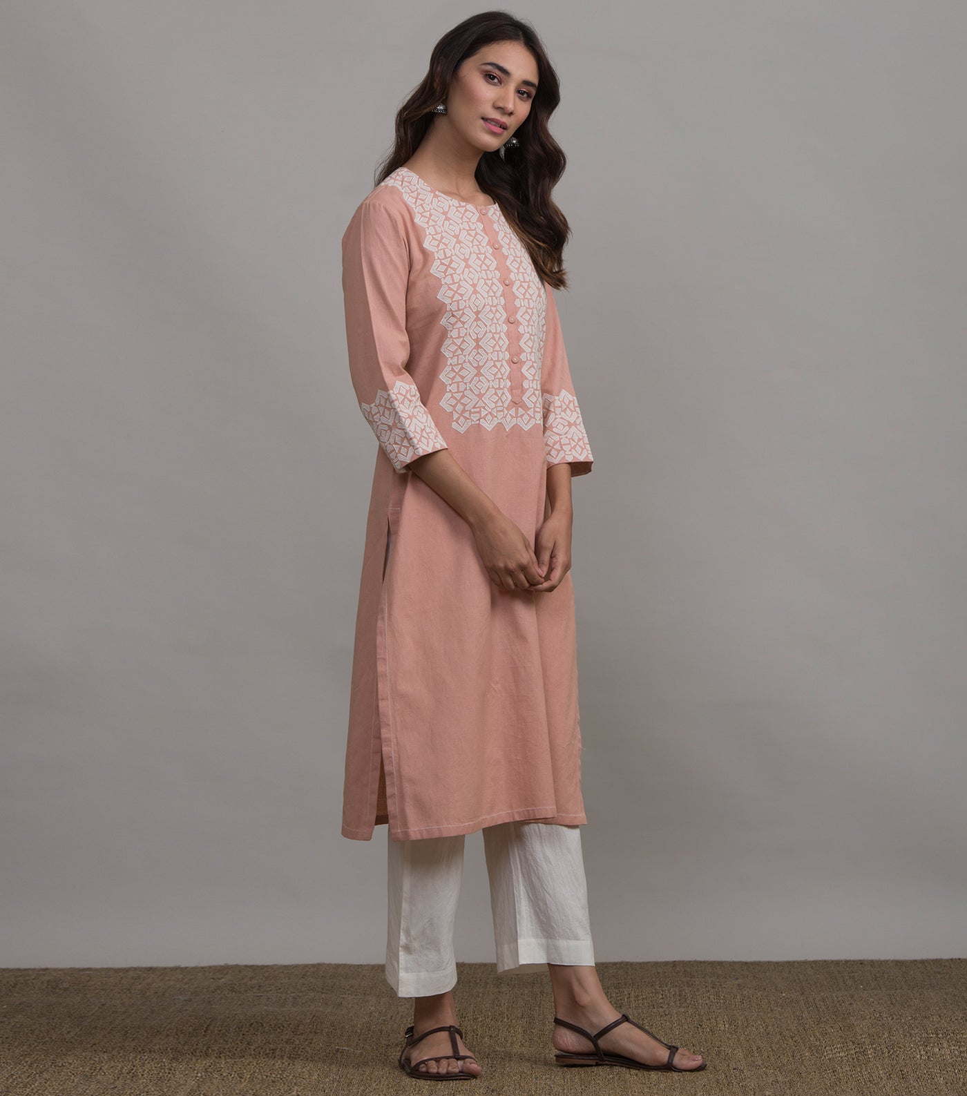 Peach applique work kurta