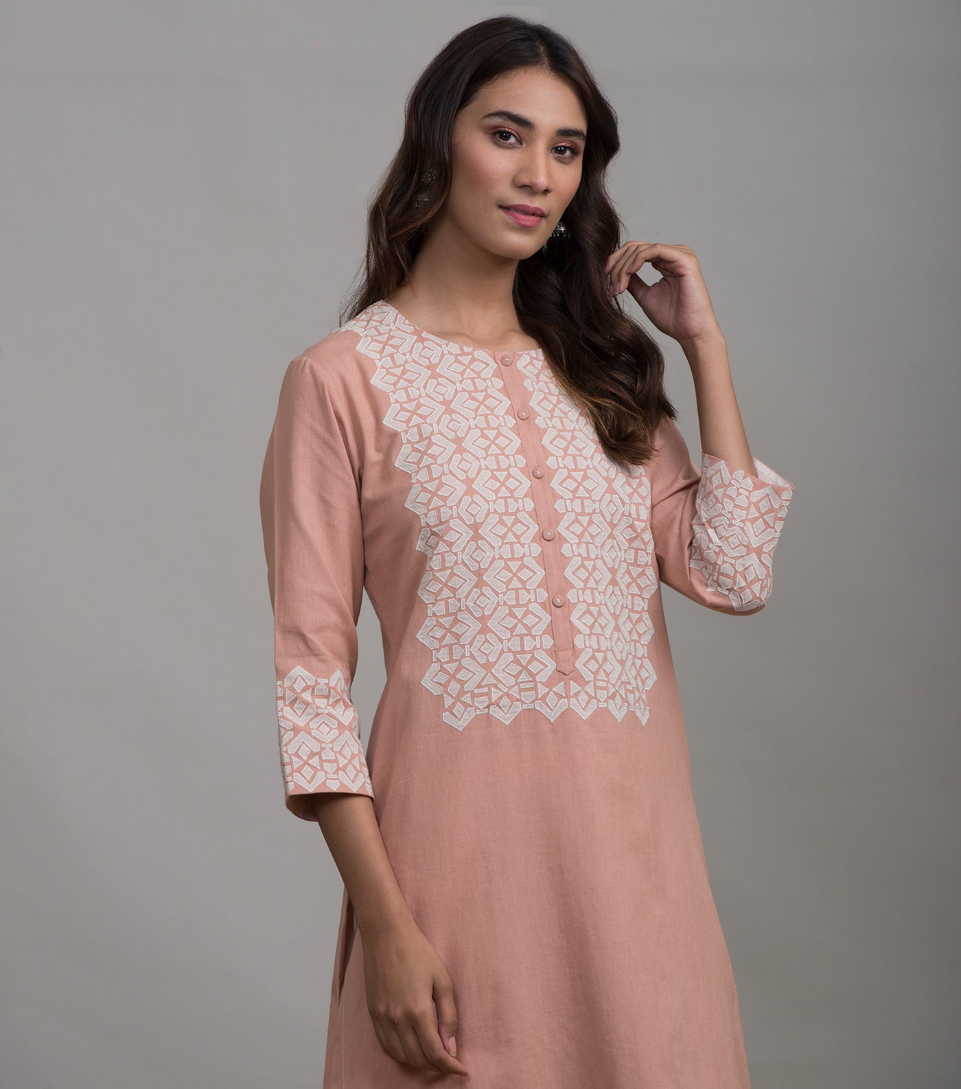 Peach applique work kurta