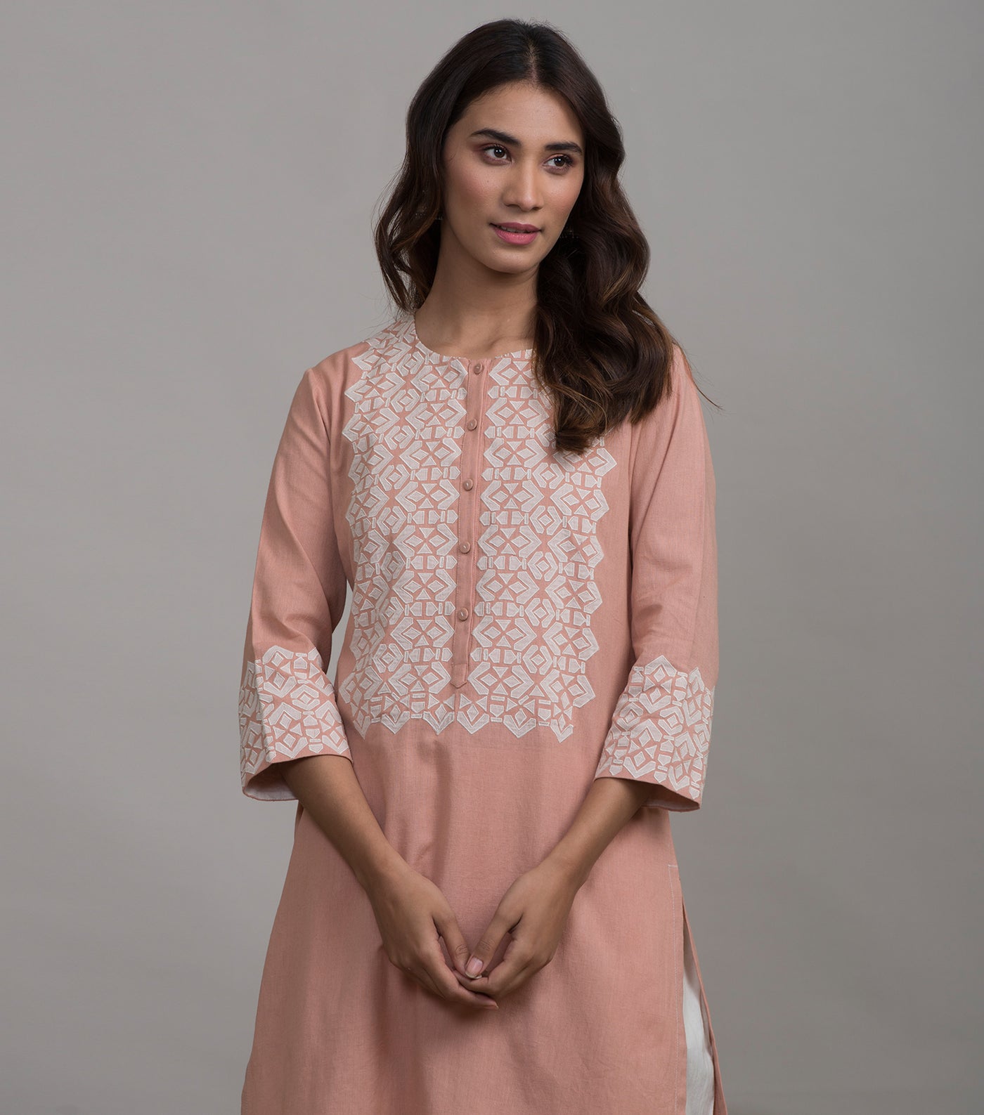 Peach applique work kurta