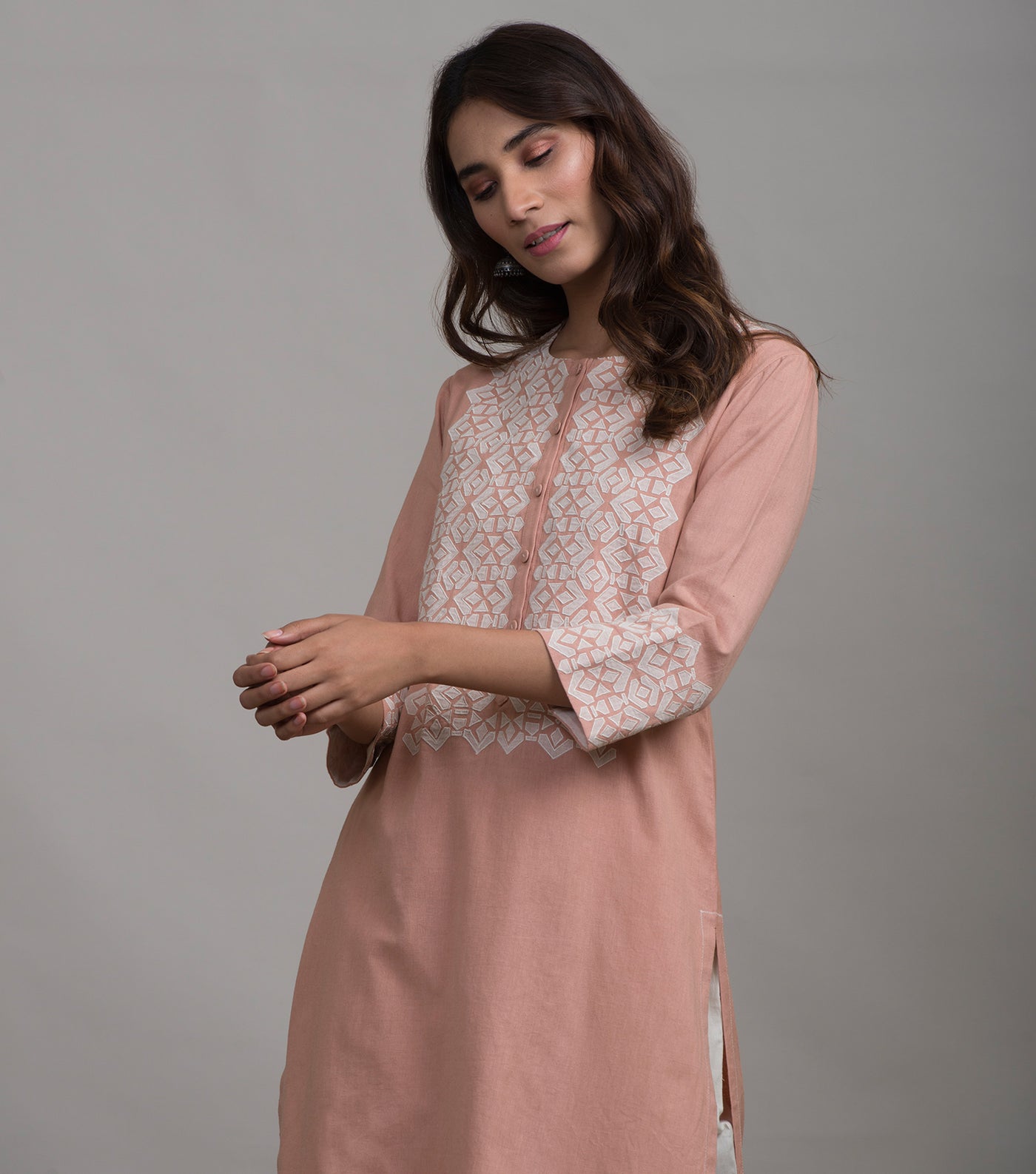 Peach applique work kurta